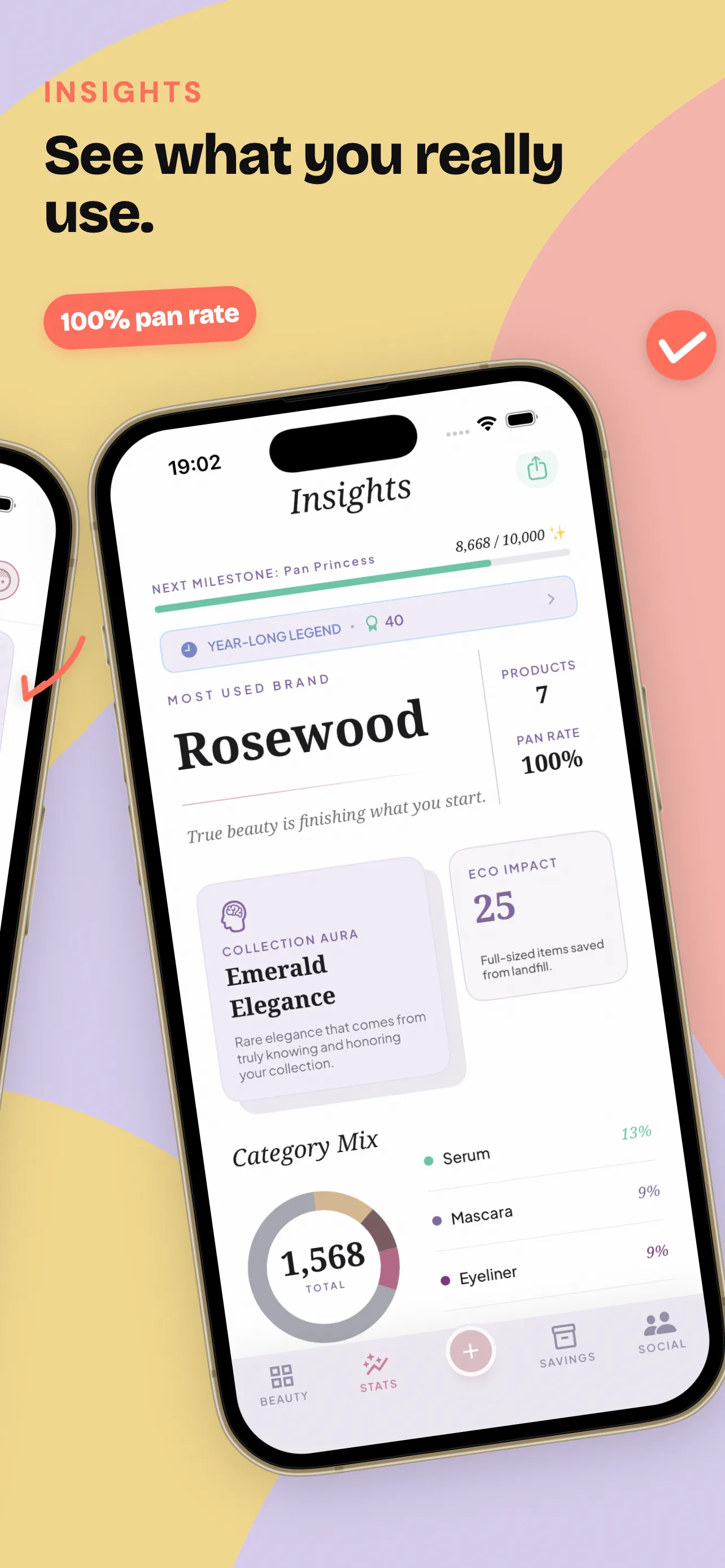 Makeup Shelf app showing insights: most-used brand, pan rate and category mix