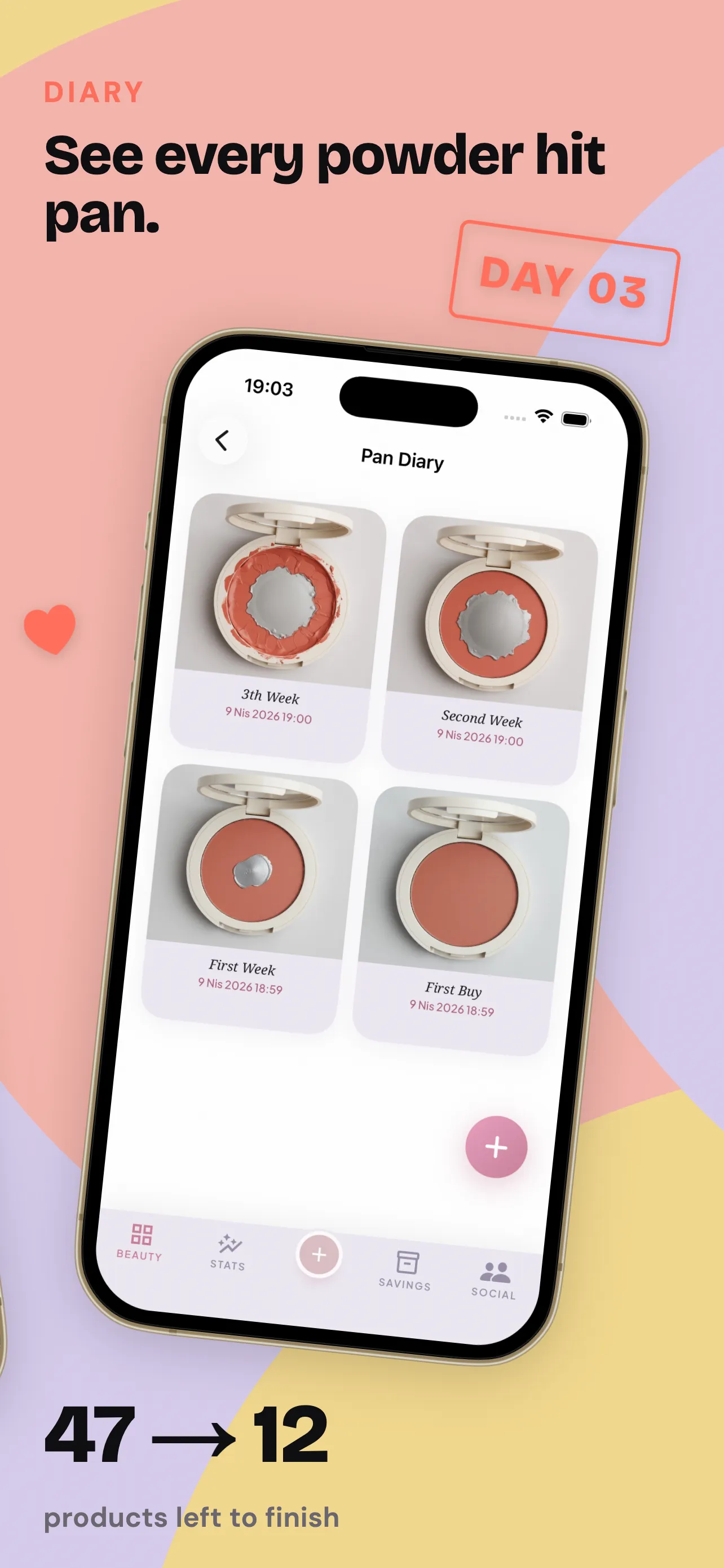 Makeup Shelf app showing the Pan Diary, with a powder hitting pan week by week